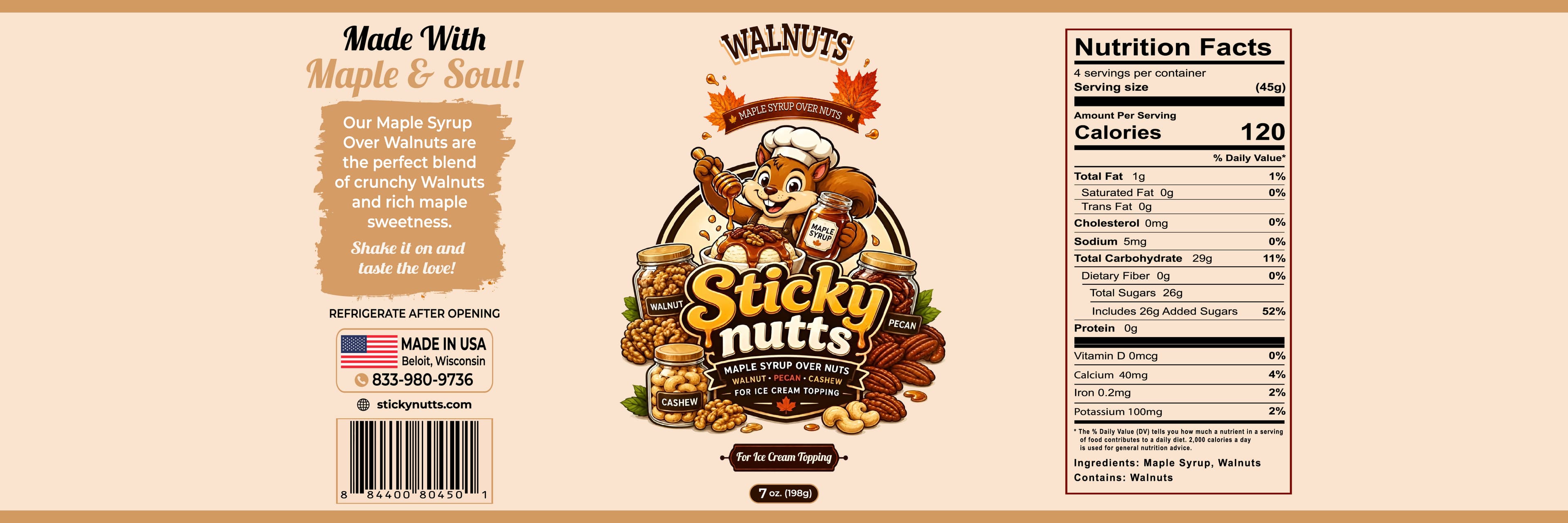 Sticky Nutts Maple Syrup Over Walnuts jar packaging banner showing Made With Maple & Soul, illustrated chef squirrel mascot, and nutrition facts